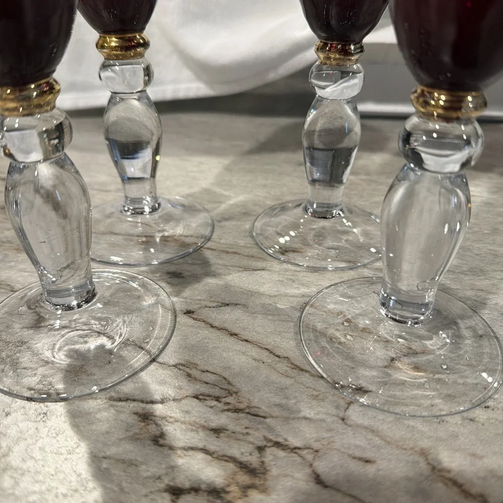 Vtg 4 RUBY RED Wine Glasses‎ champagne Clear Stem Gold Plated Neck.  9